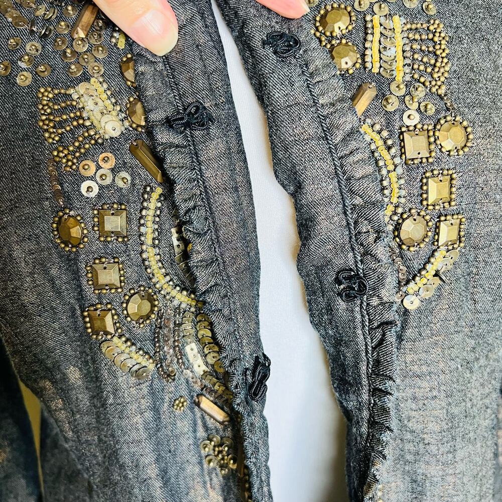 Chico's Jacket Small Beaded Studded Ruffle Chambray Embellished Metallic Gold - Picture 6 of 8